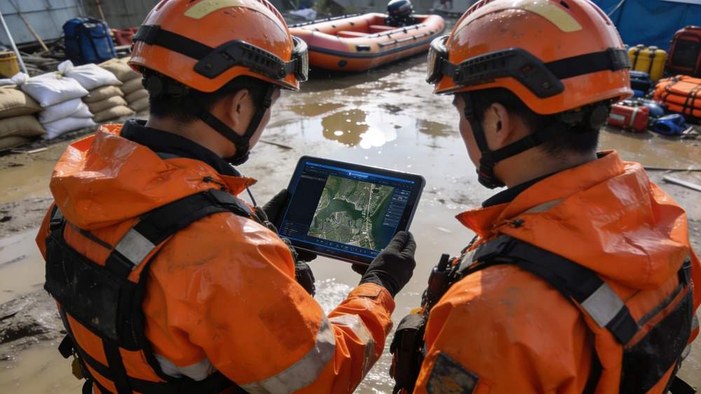Field rescuers viewing real-time Kasper asset tracking on a rugged tablet