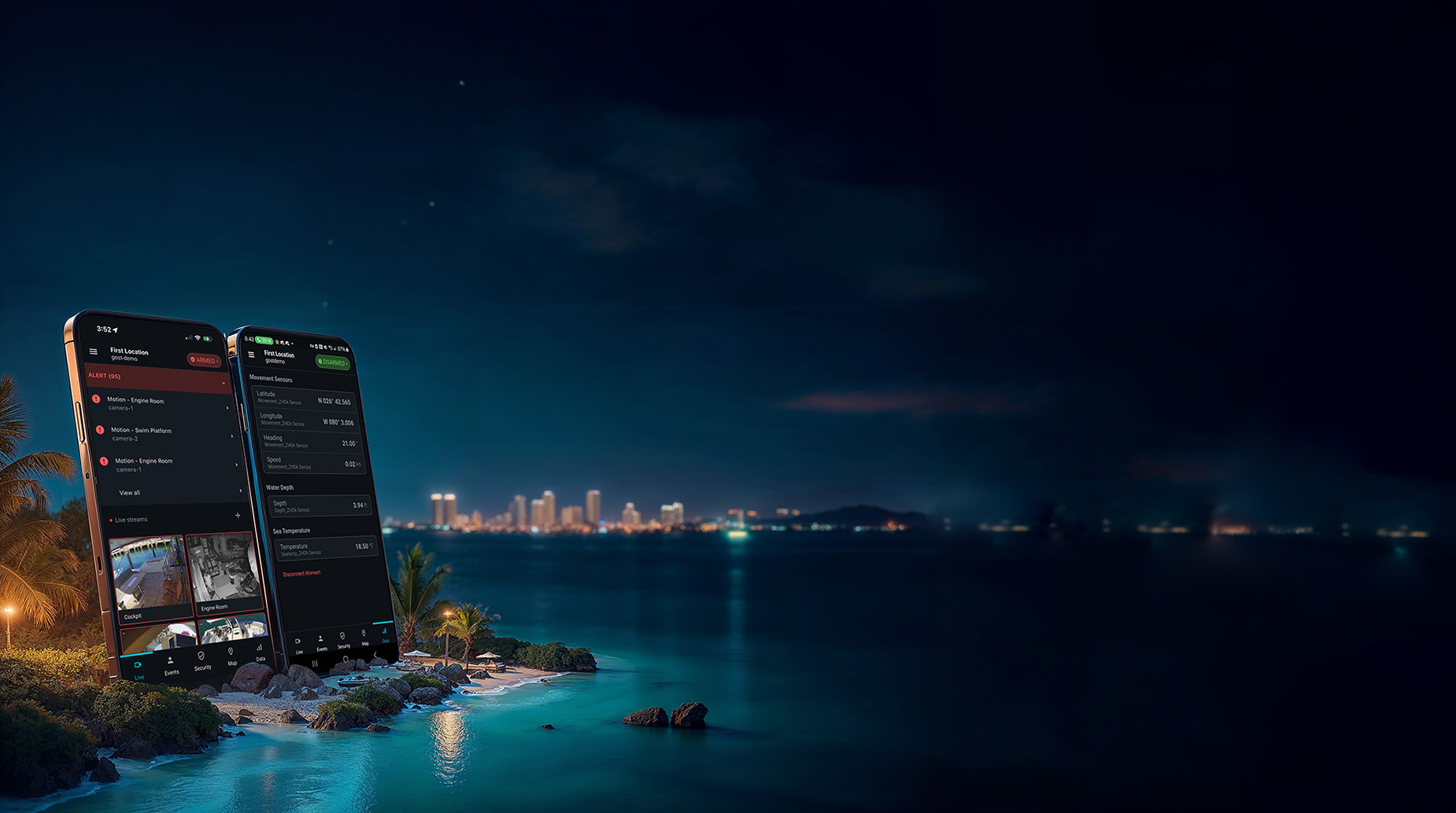 Two phones running the GOST Specter app showing live camera feeds and onboard sensor data, set against a tropical bay at night with a distant city skyline.